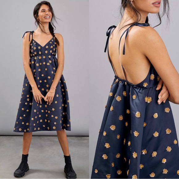 Anthropologie Dresses & Skirts - Dhruv Kapoor • Anthropologie Calysta Dress navy blue satin midi sequin floral